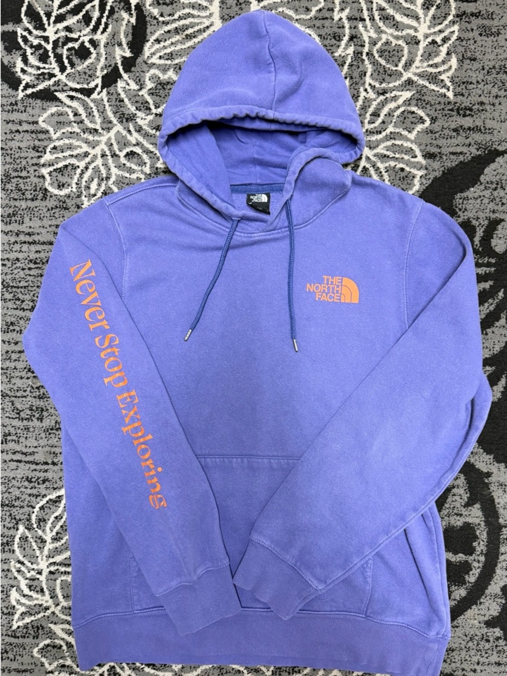 The North Face Purple Pullover Hoodie with Orange Logo & Sleeve Text